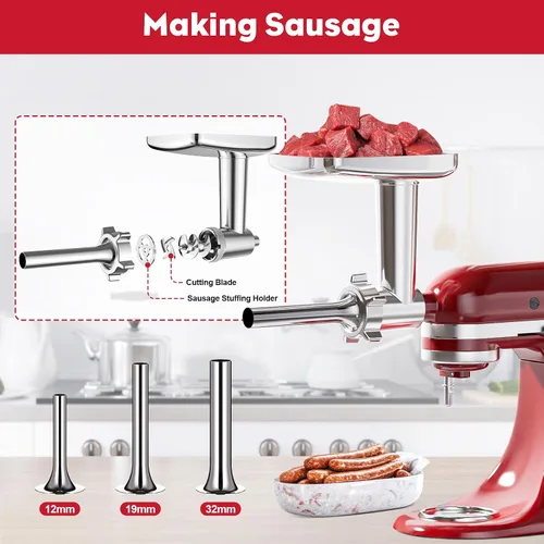Vista 3 de Accesorio para picadora de carne para batidora de pie KitchenAid, picadora de carne para KitchenAid, incluye 3 accesorios para embutir salchichas