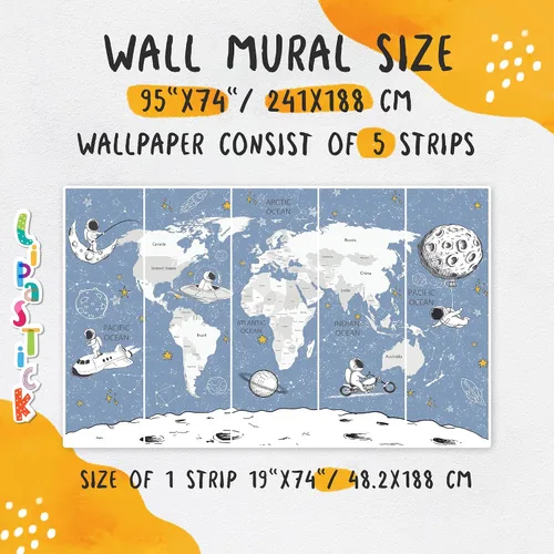 Vista 2 de Papel tapiz para habitación de niños, espacio de astronauta, mural de mapa gigante del mundo con países, papel tapiz para guardería, despegar
