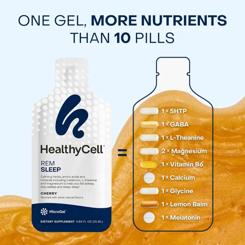 Vista 4 de Healthycell REM Sleep - Suplemento de gel líquido extra fuerte para dormir para adultos - Suplemento de melatonina, magnesio, GABA, L-teanina