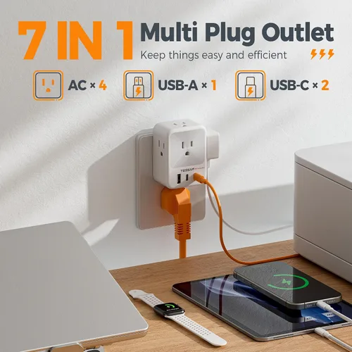 Vista 3 de Divisor de enchufe de pared múltiple, extensor de protector de sobretensión TESSAN de 4 salidas con 3 bloques de carga USB (2 USB C), expansor