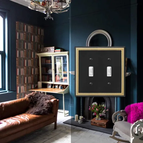 Vista 3 de Placa decorativa de pared con marco perlado para placa de interruptor (palanca doble, negro y dorado oscuro)