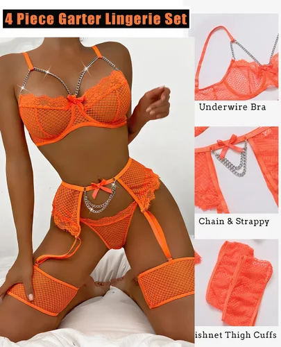 Vista 2 de Avidlove Conjunto de liguero para mujer, lencería sexy de malla con aros, 4 piezas, brasier de cadena S-XXL