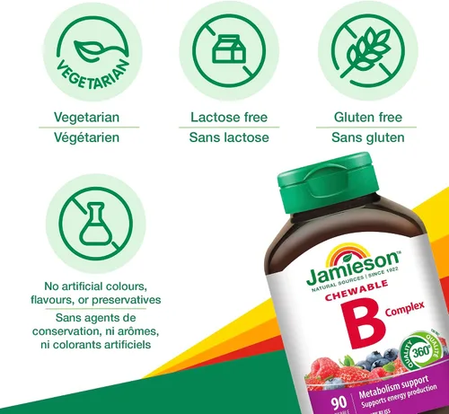 Vista 4 de Jamieson Deliciosa fórmula masticable complejo B Berry Bliss 90 tabletas