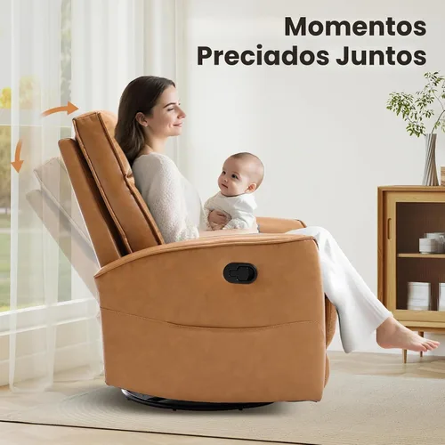 Vista 4 de CANMOV - Silla reclinable de piel sintética, silla reclinable giratoria de 360°, reclinable manual para espacios pequeños, sala de estar Marrón