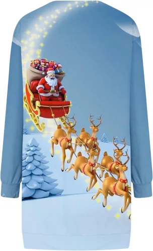 Vista 5 de Vestido con capucha para mujer de Navidad, manga larga, holgado con capucha Vestido lindo con estampado navideño