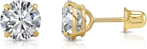 Vista 14 de Aretes de oro amarillo de 14k solitario con cubo y zirconia, con broches seguros