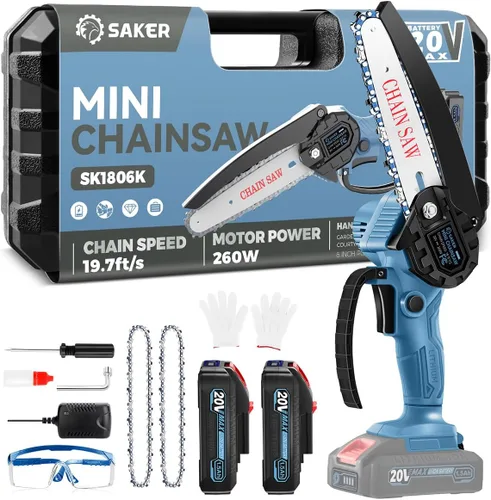 Vista 8 de Saker Mini motosierra inalámbrica de 6 pulgadas con interruptor de bloqueo de seguridad, motosierra eléctrica inalámbrica, motosierra pequeña
