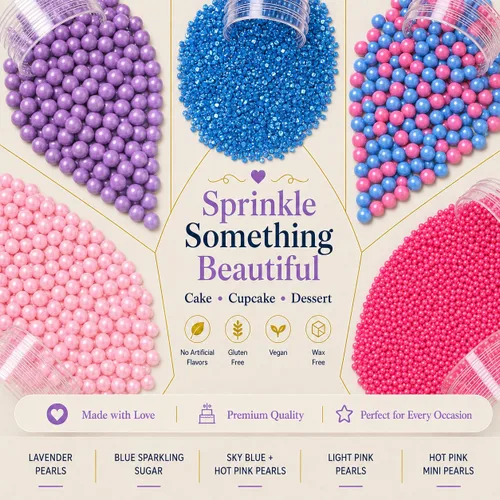 Vista 6 de Confect Gránulos decorativos para tartas Mezcla de grageas rosa intenso, rosa bebé y morado Azúcar brillante azul profundo Gránulos