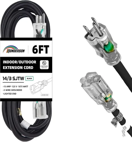 Vista 34 de Cable de Extensión HONDERSON con Extremo Iluminado, Certificado UL, Calibre 10, 1 Pie, Negro, 3 Puntas, Resistente, 10/3 SJTW, 15A, Cable de Energía