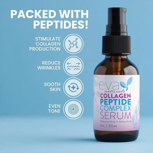 Vista 2 de Eva Naturals Suero facial multipéptido, péptidos de colágeno antienvejecimiento para elasticidad de piel regordeta y firme, renovación de arrugas