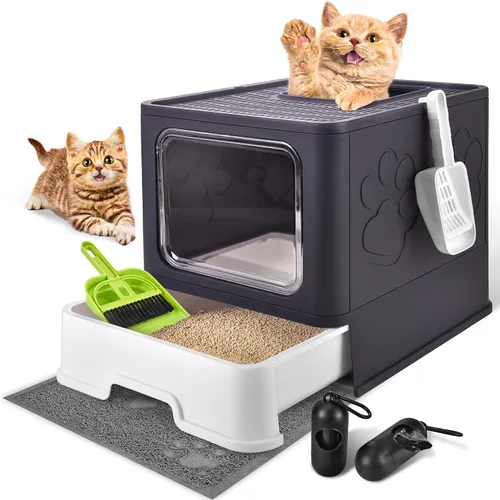 Vista 10 de Caja de arena cubierta para gatos con alfombrilla de arena, plegable, extra grande, puerta ajustable de doble entrada, diseño de cajón, caja de Azul