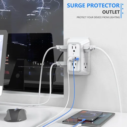 Vista 4 de JcBlaon Protector de sobretensiones extensor de salida, divisor de 6 salidas con 4 puertos USB (2 USB C), adaptador de pared de 4 lados 1050 J