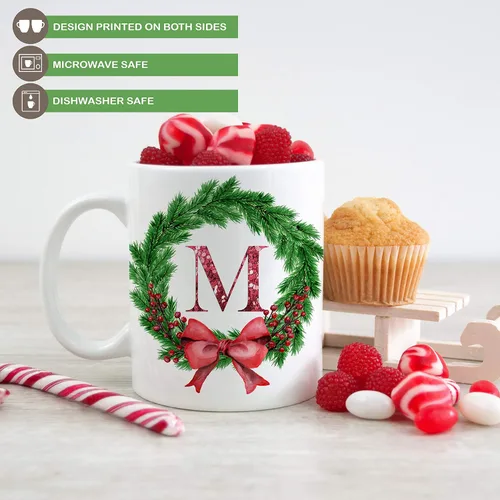 Vista 3 de Taza de café de cerámica con inicial de corona de Navidad, 11 o 15 onzas