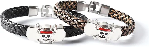 Vista 3 de Nuahyaz Pulseras de cuero de anime Sombrero de paja Luffy cráneo regimiento Pulsera de aleación punk, regalo de joyería de cosplay para fanáticos