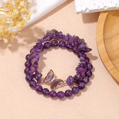 Vista 5 de GolbalJew Pulsera de Amatista para Mujeres Ansiedad Pulseras de Cuentas de Amatista Dijes de Mariposa Piedra Curativa Pulsera en Capas Regalos