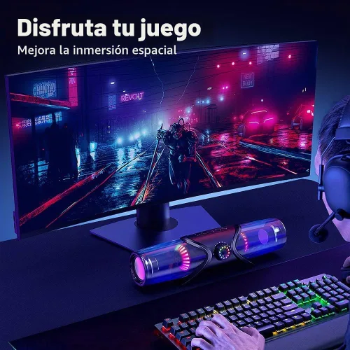 Vista 6 de WolfLawS Altavoces de Computadora, Barra de Sonido Bluetooth, Altavoces de Computadora para Monitor de Escritorio con Luz RGB, Altavoces de PC