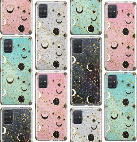 Vista 7 de Funda para teléfono compatible con Samsung Galaxy A73 A72 5G A71 A54 A52 A42 A34 A32 A14 A11 parachoques Celestial Magic TPU Crescent Moon Protector