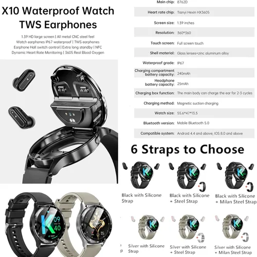 Vista 2 de Tuanzi X10 2 en 1 Smart Watch con auriculares 1.39 pulgadas Smartwatch TWS Bluetooth Auricular Monitor de salud Sport Watch Fitness Tracker