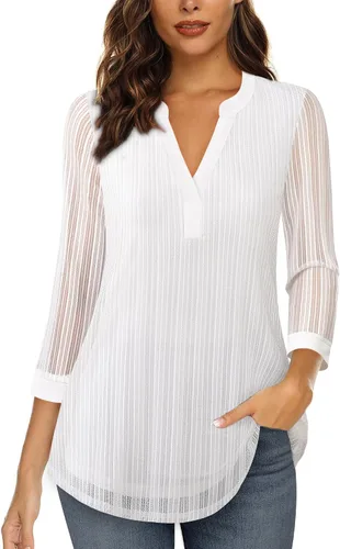 Vista 23 de Timeson - Blusas de manga de 3/4 para mujer, estilo casual, con cuello en V, camisas largas de vestir de doble capa, de malla Negro