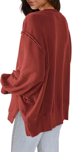 Vista 3 de Nirovien Sudadera de gran tamaño con cuello redondo para mujer, con abertura lateral, manga larga, ajuste holgado