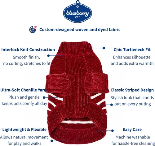 Vista 2 de Blueberry Pet Suéter de Chenilla Suave y Acogedor Elegante a Rayas para Perro en Rojo Borgoña, Longitud de Espalda 10", Paquete de 1 Prenda