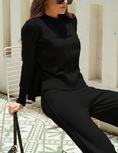 Vista 3 de Conjunto de 2 piezas para mujer, sudadera con cuello alto falso, pantalones de pierna ancha, conjuntos de ropa de descanso