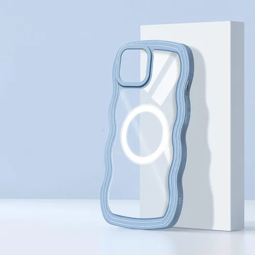 Vista 5 de Funda magnética para iPhone Xs Max, bonita forma de marco ondulado rizado, parte trasera delgada, translúcida, antihuellas, a prueba de golpes, Azul