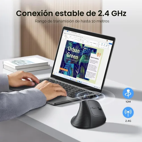 Vista 4 de UGREEN Ratón vertical, mouse ergonómico inalámbrico Bluetooth, modo dual (BT 5.4 y USB 2.4G), clics silenciosos, 4 DPI ajustables