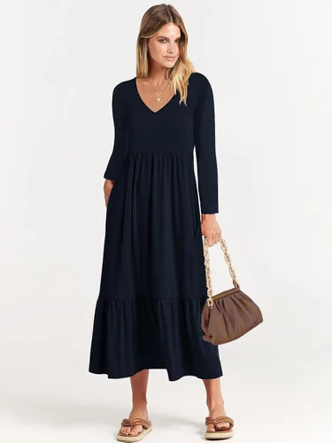 Vista 4 de Paintcolors Vestido largo casual de manga larga con cuello en V para mujer, vestido escalonado, color sólido, holgado, con vuelo, vestido midi