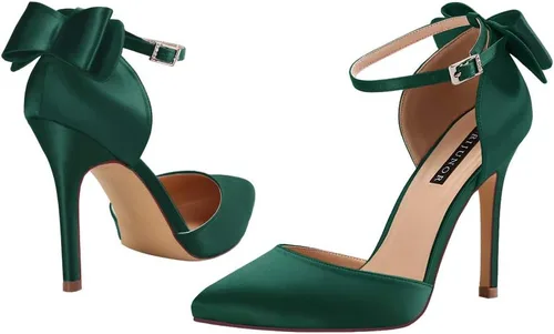 Vista 6 de ERIJUNOR Zapatos de satén de tacón alto con lazo para mujer, para fiesta de noche, baile, boda, zapatos de satén