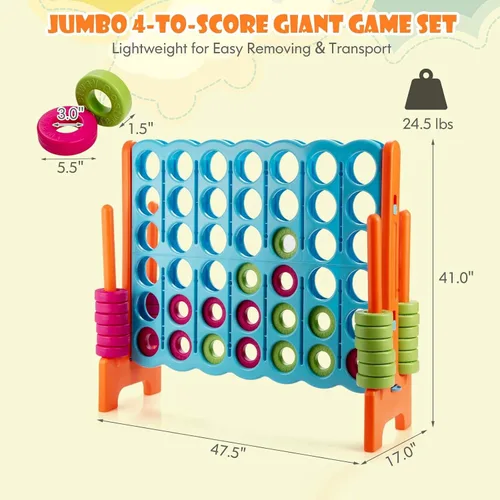 Vista 5 de KOTEK Juego gigante de 4 en una fila, 3.5 pies de alto jumbo de 4 en puntuación familiar con deslizadores de liberación rápida y 42 anillos grandes