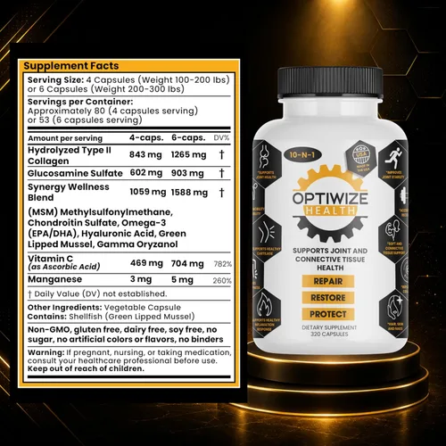 Vista 6 de OptiWize Colágeno hidrolizado 10-N-1, soporte para articulaciones, MSM, ácido hialurónico, glucosamina, condroitina y más: se dirige a las molestias