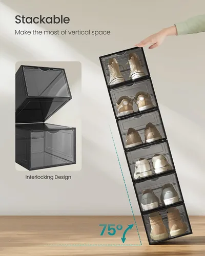 Vista 3 de SONGMICS Cajas de zapatos, organizadores de zapatos transparentes, juego de 6, almacenamiento de zapatos de plástico con puerta transparente, fácil