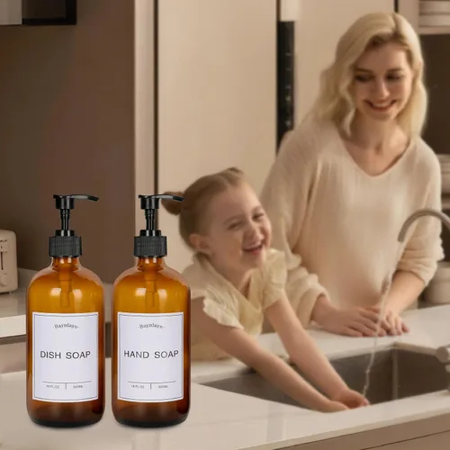 Vista 3 de Dispensador de jabón de vidrio ámbar con bomba antioxidante. Dispensador de jabón recargable de cocina y baño para jabón de platos, desinfectante