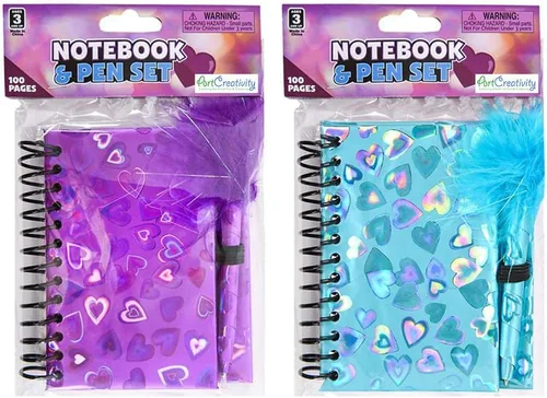 Vista 7 de ArtCreativity Juego de cuaderno y bolígrafo para niños, juego de 2, bolígrafo con punta de pluma y pequeño bloc de notas brillante con soporte