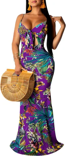 Vista 8 de Women's Summer Floral Spaghetti Strap Long Maxi Dresses Low-Cut Bohemian Beach Sundress Negro