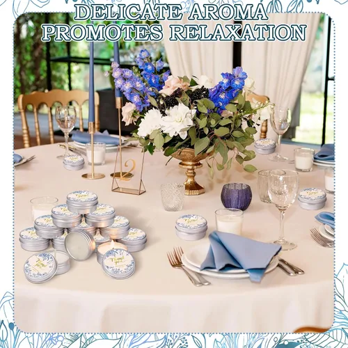 Vista 3 de MTLEE 50 piezas de velas de boda azules florales, regalos de favores para invitados, 1 oz de cera de soja con aroma a lavanda, velas aromáticas