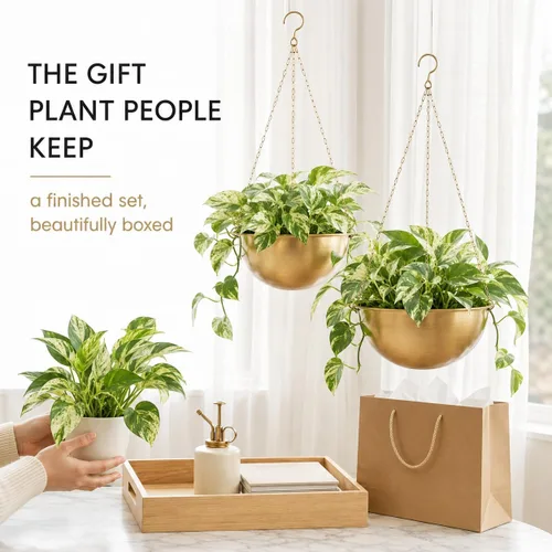 Vista 3 de AceList Paquete de 2 macetas colgantes doradas para plantas de interior, colgador de plantas de metal bohemio de 9.8 pulgadas para interiores