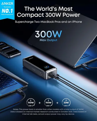 Vista 2 de Anker Prime Power Bank, banco de energía portátil de 3 puertos de 26,250 mAh con salida máxima de 300 W, carga bidireccional, aprobado por la TSA