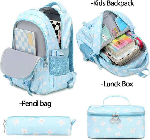 Vista 7 de Sugaroom Mochila escolar con lonchera para niñas adolescentes, Flor azul, Mochila floral con lonchera y bolsa para lápices