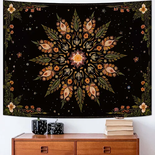 Vista 43 de Fowocu Tapiz bohemio con mandala floral para colgar en la pared, medallón de flores bohemias, tapiz estético, beige, naranja, hippie, indio, pequeño