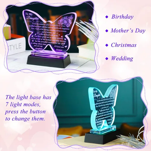 Vista 3 de YWHL Regalo para mi Hija de Papá Mamá, Mejores Regalos de Cumpleaños para Hija Adulta, Recuerdo de Vidrio en Forma de Mariposa con Base de Luz