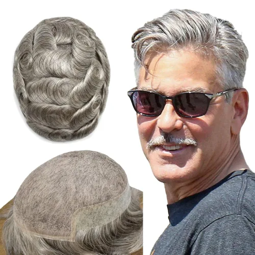 Vista 50 de Tupé de encaje suizo para hombres, piezas de cabello humano real, encaje frontal, sistema de reemplazo de cabello tipo tupé, nudo blanqueado, línea