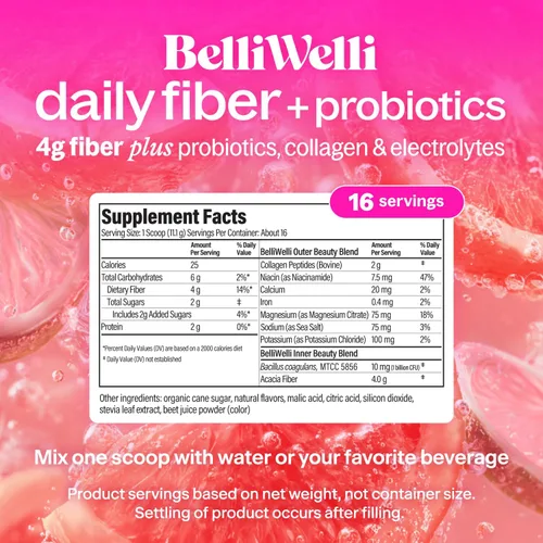 Vista 2 de BelliWelli Suplemento de fibra para mujeres y hombres – Polvo de fibra diaria premium de acacia orgánica con colágeno añadido, electrolitos