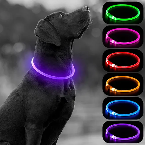 Vista 13 de HIGO Collar de perro con luz LED, recargable por USB, que brilla en la oscuridad, collar de seguridad para mascotas cortable de TPU para pasear Azul