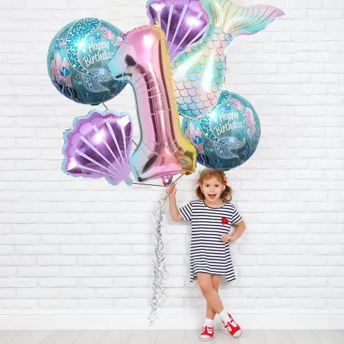 Vista 4 de Kit de decoración de cumpleaños de sirena sdquskin: 6 globos verdes de sirena (número 1) para niñas