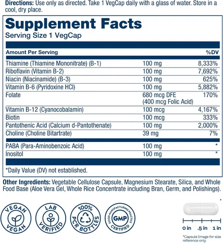 Vista 2 de SOLARAY Complejo de vitamina B de 100 mg – Energía celular, nervios y apoyo a la salud cardíaca – Suministra las 8 vitaminas del complejo B