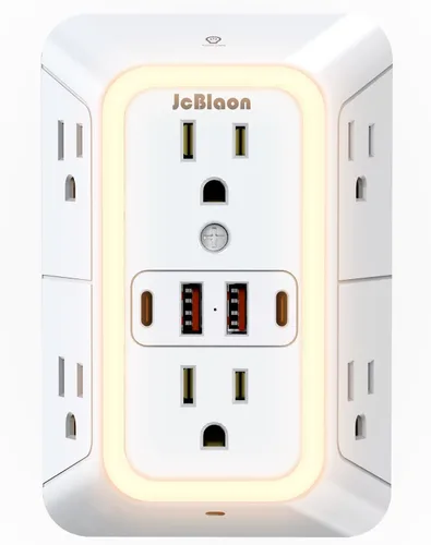 Vista 9 de Extensor de toma de corriente de pared con luz nocturna, adaptador de enchufe de alimentación extensor de 6 salidas con 4 puertos de carga USB