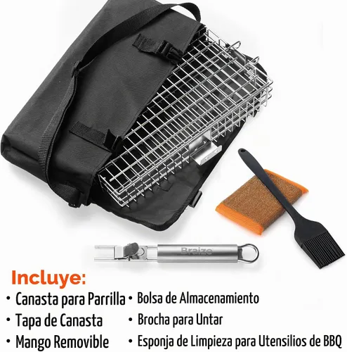 Vista 4 de Cesta de parrilla ajustable con mango extraíble – 4 niveles de altura para verduras, carne, pescado y más – Cesta de barbacoa con tapa de bloqueo