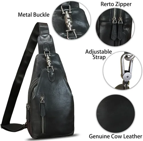 Vista 6 de LRTO Bolso bandolera de cuero genuino para hombres y mujeres, bolso cruzado de hombro de cuero real, bolsa de pecho, mochila